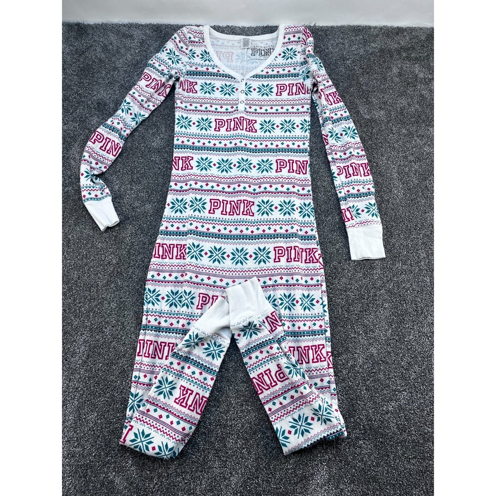 Victoria Secret Pink SNOWFLAKE THERMAL WAFFLE LONG JANE ONE‎ PIECE COZY PAJAMAS